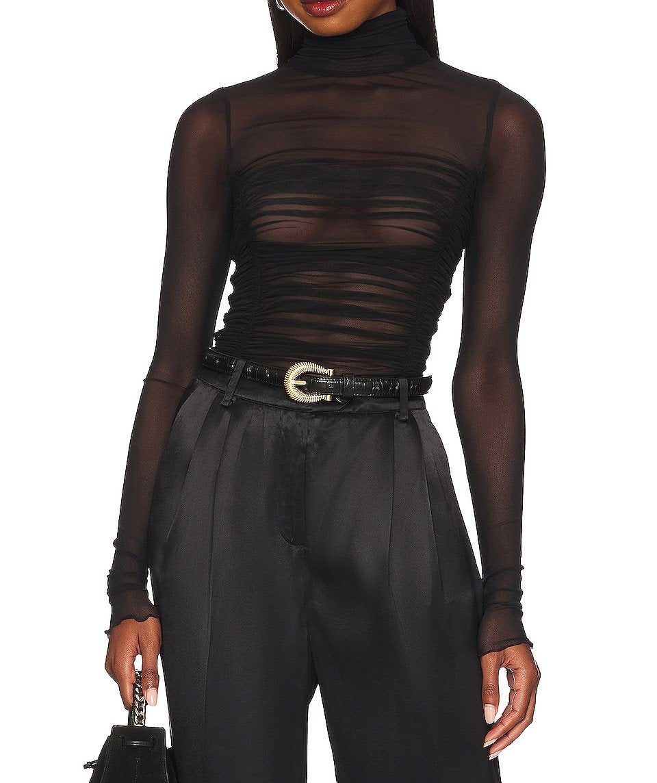 Sheer mesh turtleneck long-sleeve gathered bodysuit