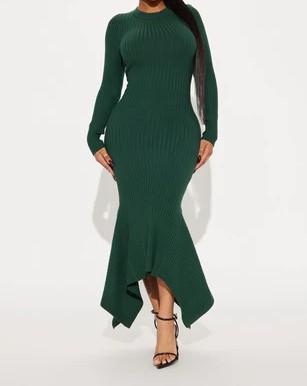 Green Knit Ruffle Hem Midi Dress