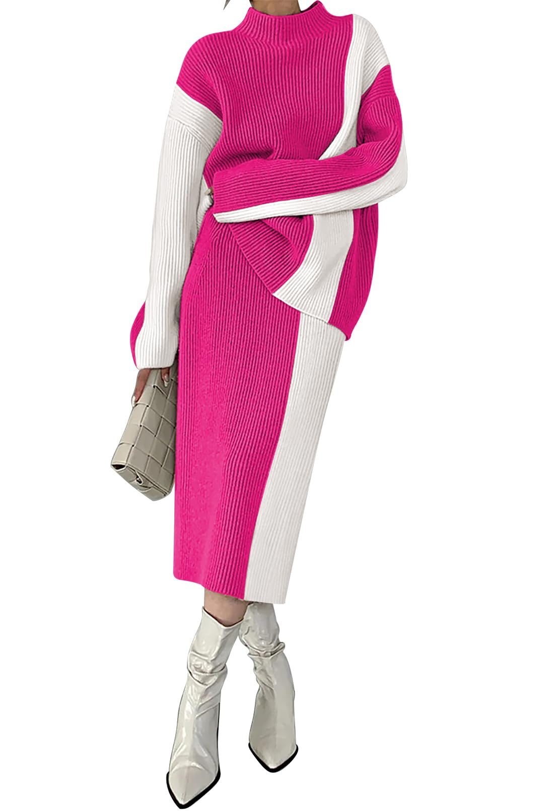 Autumn and winter sweater high waist color block dress suit