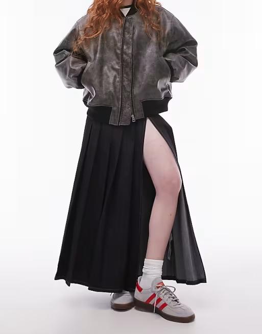 Front slit denim pleated midi skirt