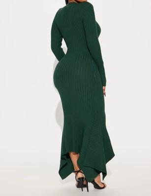 Green Knit Ruffle Hem Midi Dress