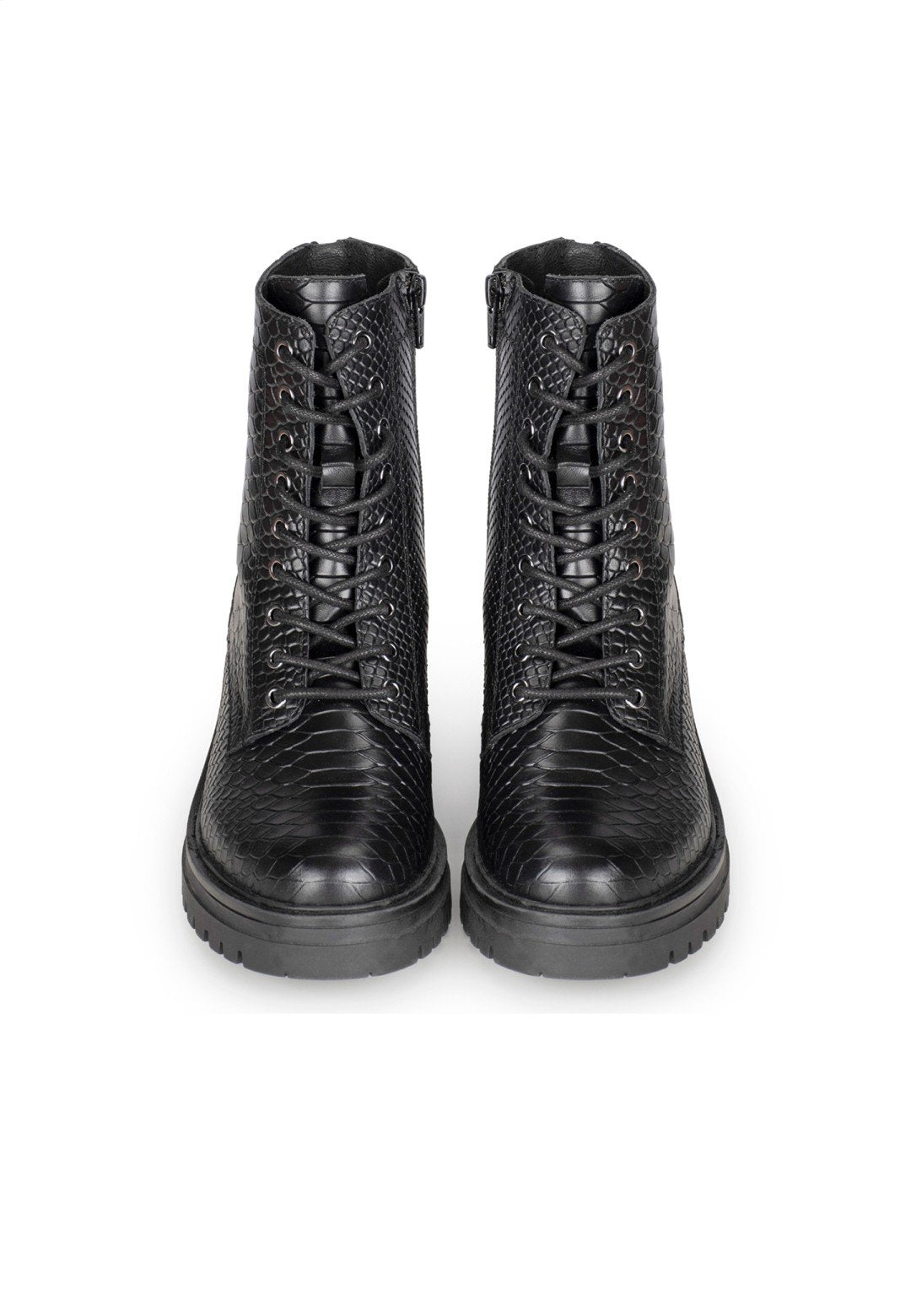 Snake print black leather lace-up boots