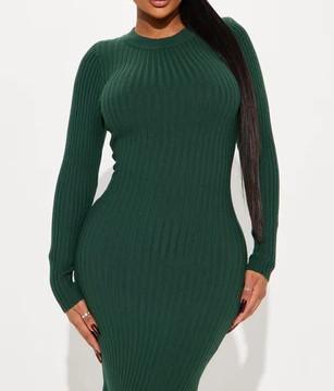 Green Knit Ruffle Hem Midi Dress