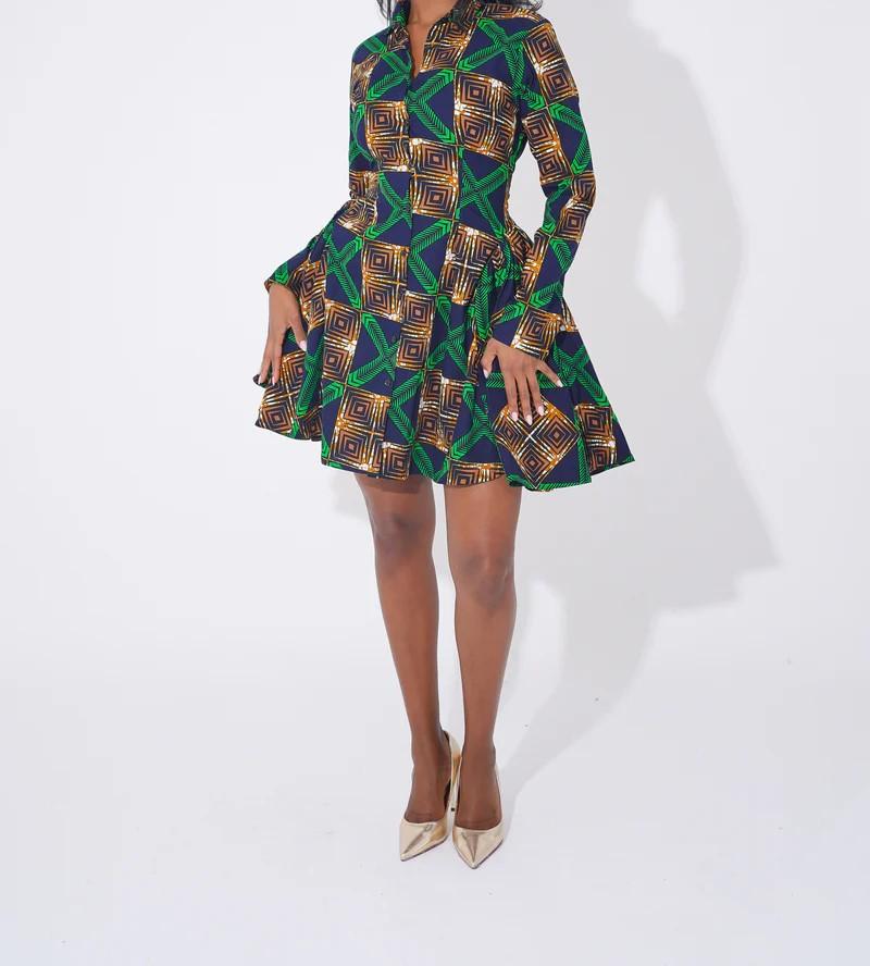 Batik print long sleeve flared skirt