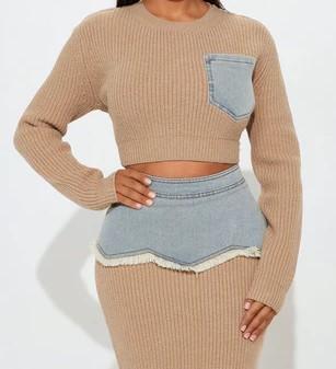 Denim patchwork sweater midi skirt suit