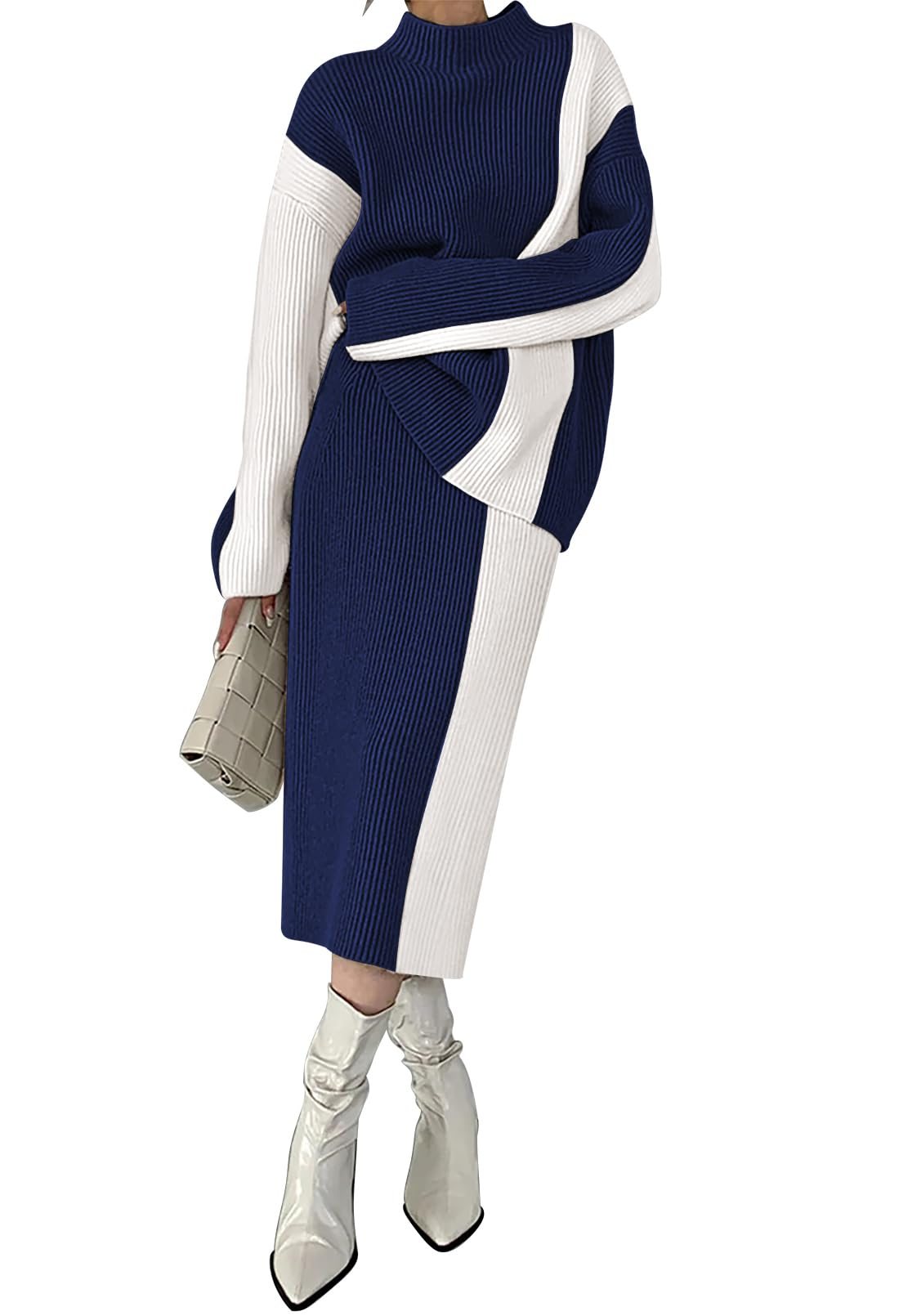 Autumn and winter sweater high waist color block dress suit