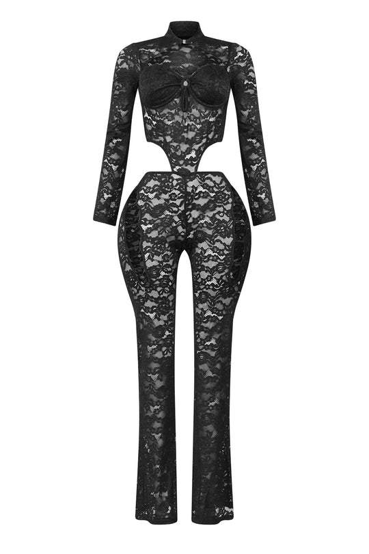 Lace stand collar long sleeve jumpsuit