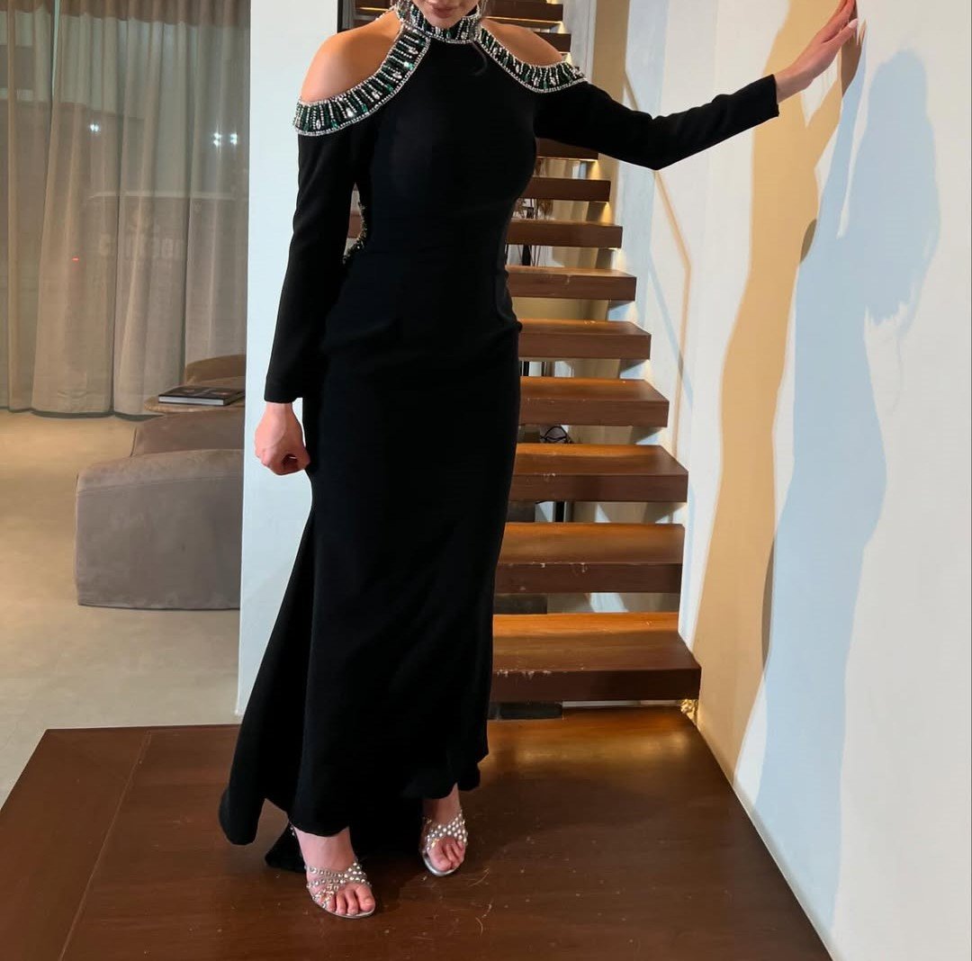 Black Shiny Strapless Gown Dress