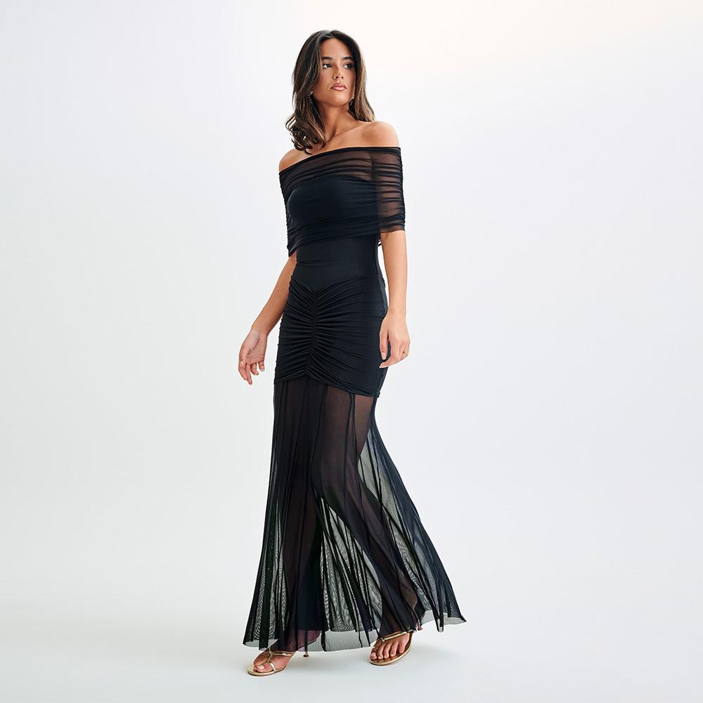 Slinky And Mesh Off Shoulder Maxi Dress