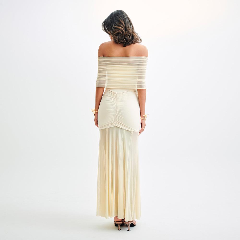 Slinky And Mesh Off Shoulder Maxi Dress
