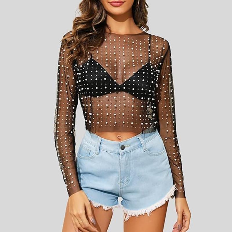 Hot diamond pearl top elastic round neck mesh