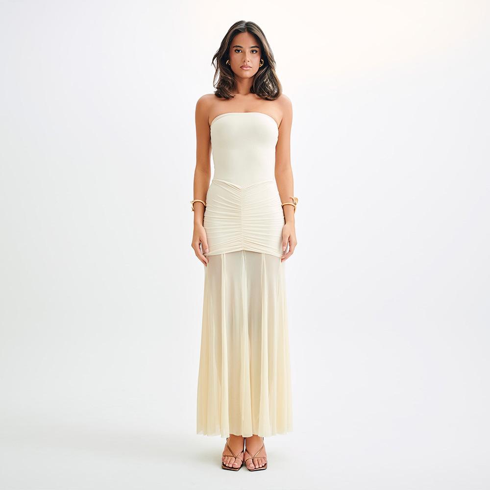 Slinky And Mesh Off Shoulder Maxi Dress