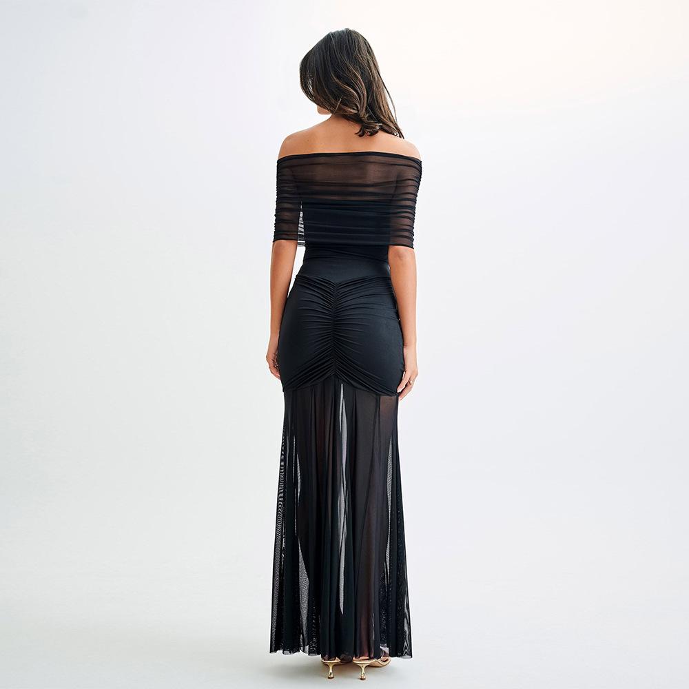 Slinky And Mesh Off Shoulder Maxi Dress