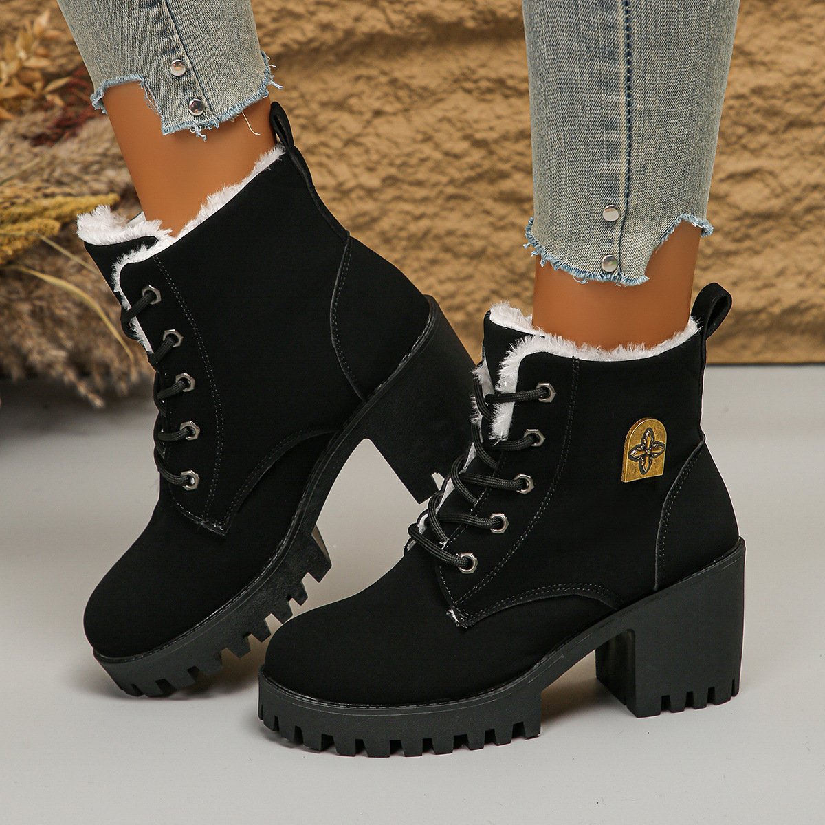 Warm velvet thick heel short boots front lace-up Martin boots for women
