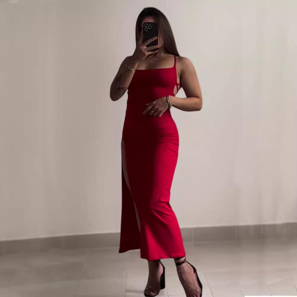 Sleeveless halter strap backless slit long dress