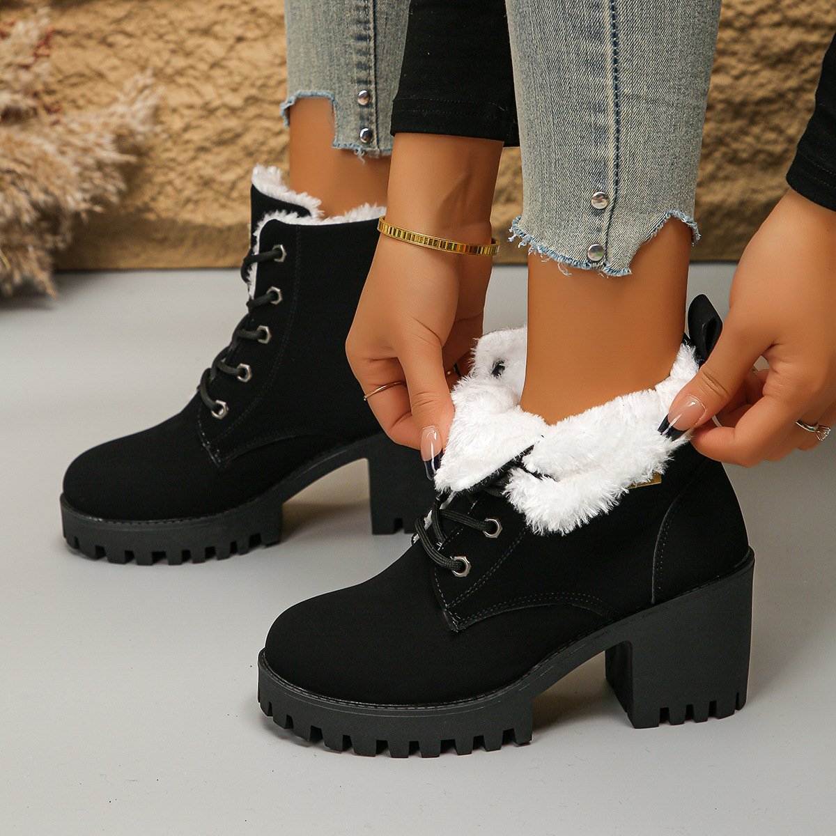 Warm velvet thick heel short boots front lace-up Martin boots for women