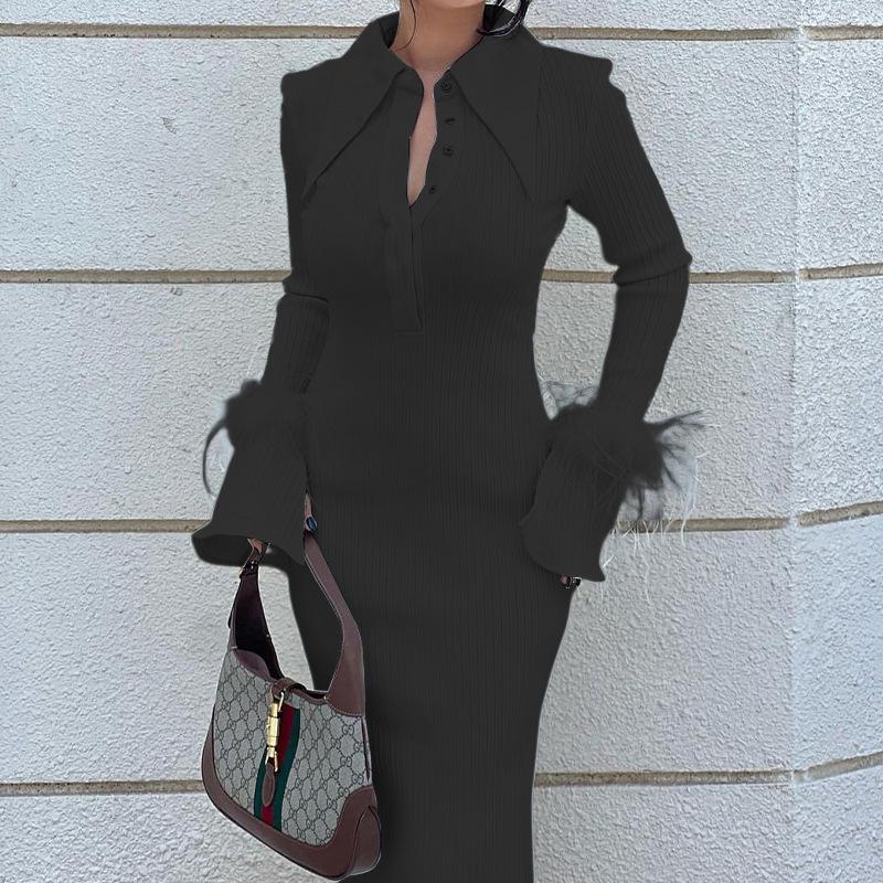 Lapel feather long dress