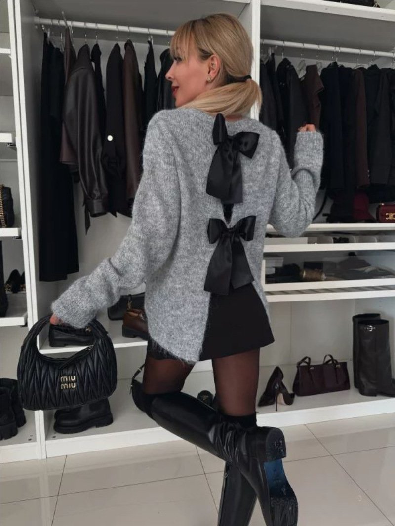 Solid color tie cardigan loose sweater