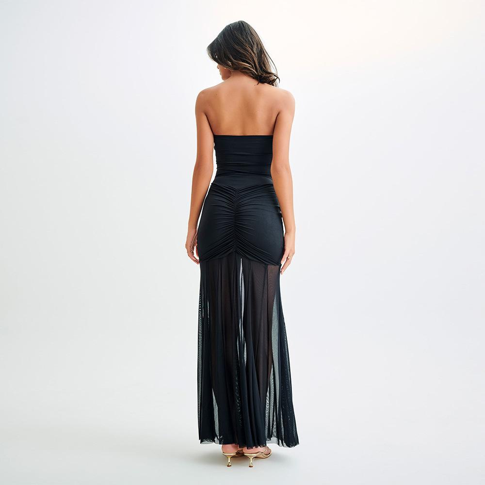 Slinky And Mesh Off Shoulder Maxi Dress