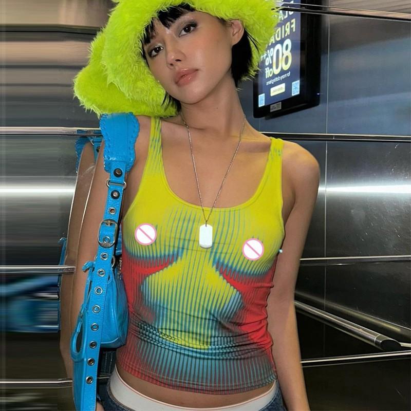 Fashion Printed Slim Fit U-Neck Navel Bare Vest