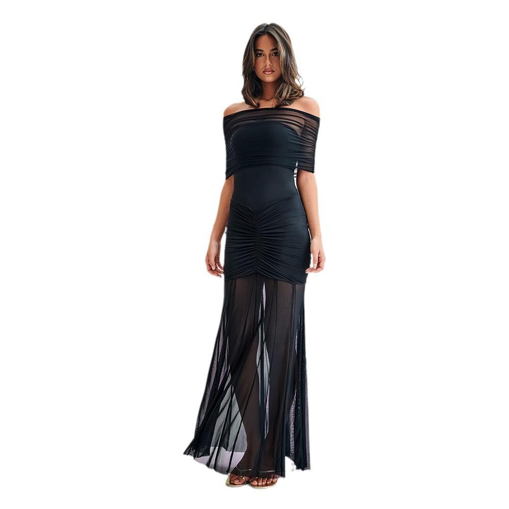 Slinky And Mesh Off Shoulder Maxi Dress