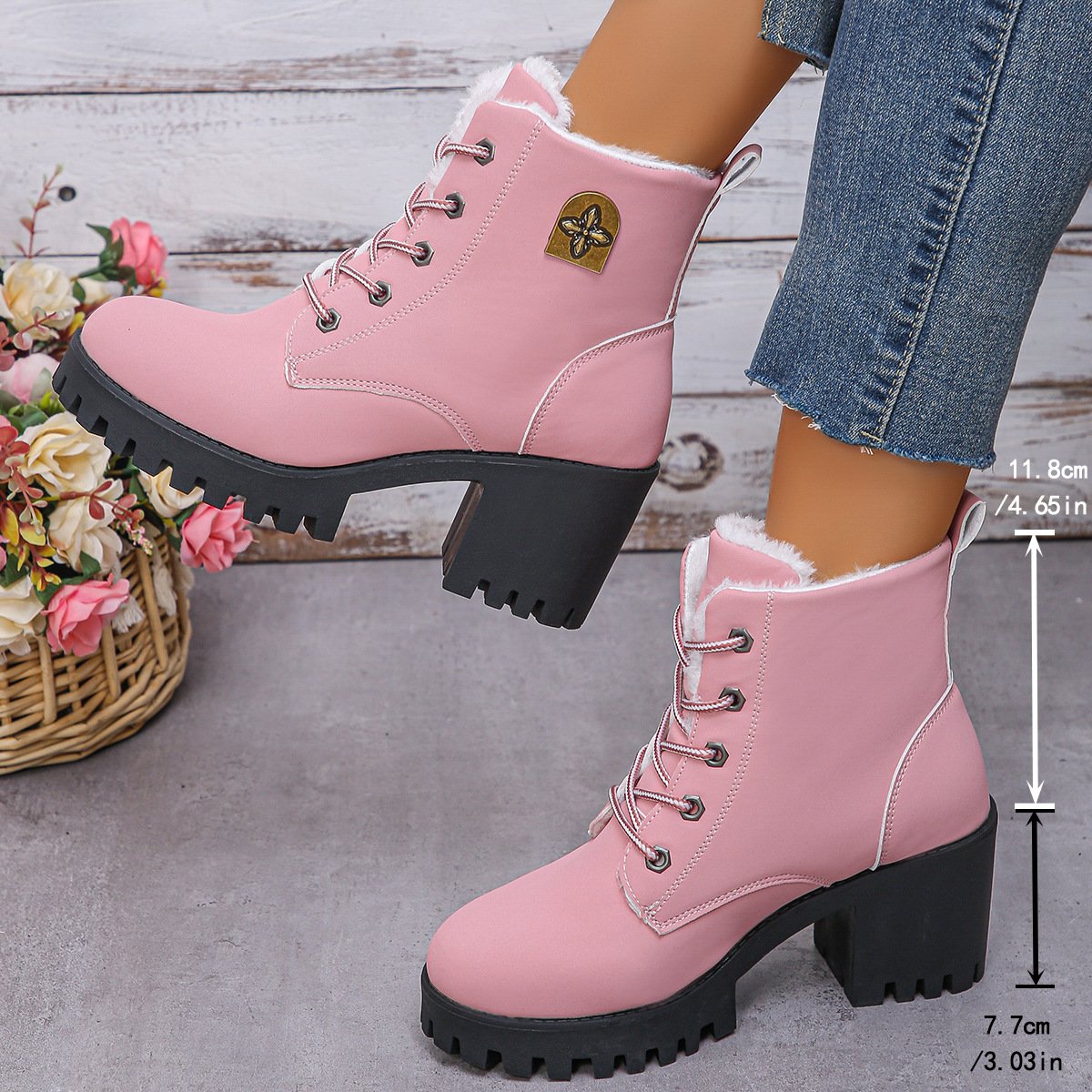 Warm velvet thick heel short boots front lace-up Martin boots for women
