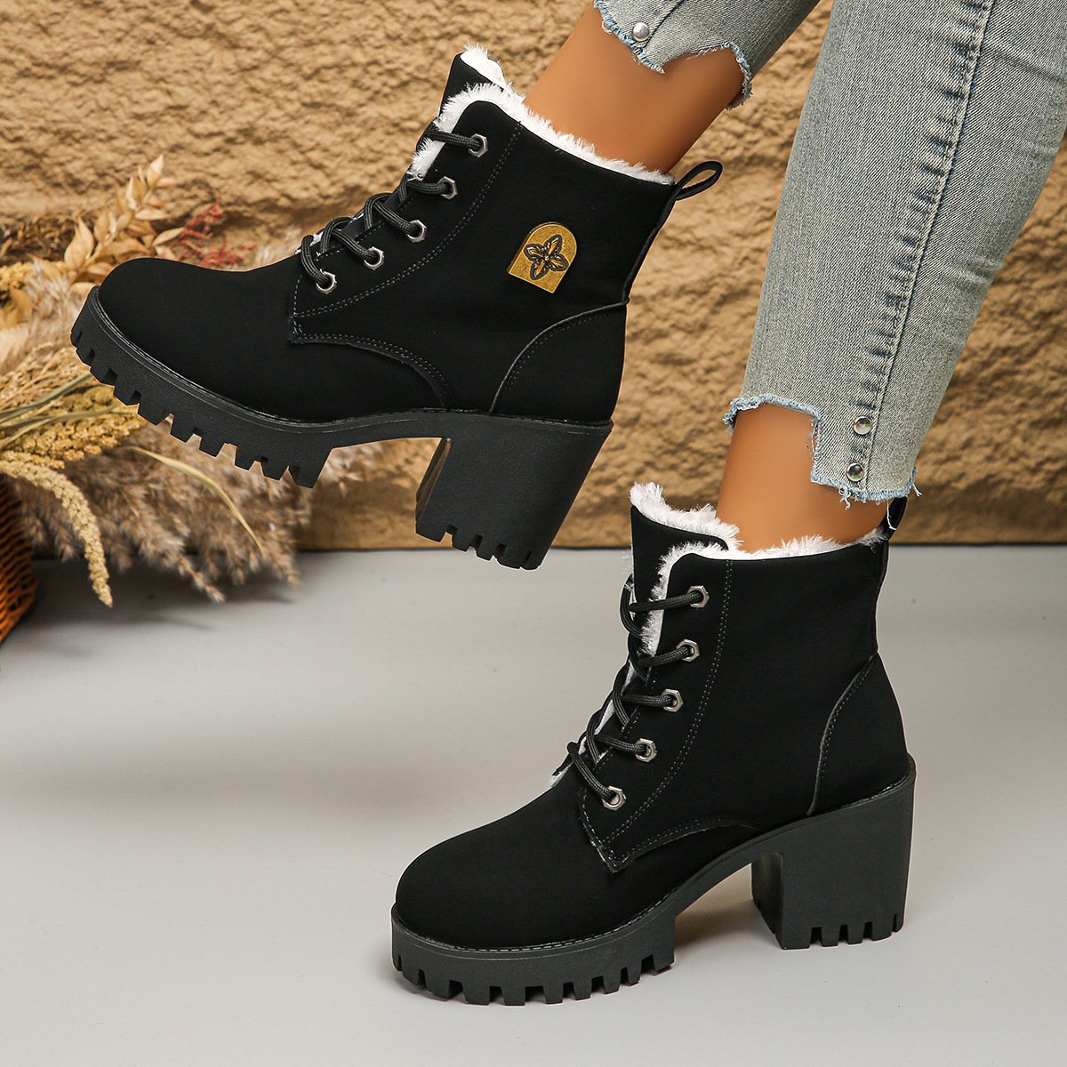 Warm velvet thick heel short boots front lace-up Martin boots for women