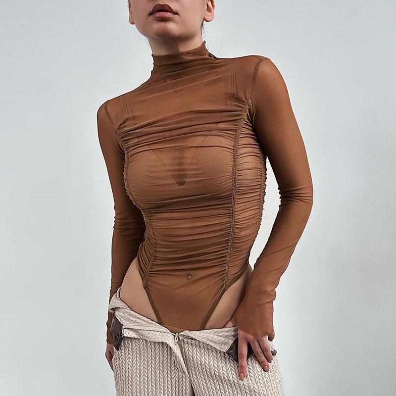 Sheer mesh turtleneck long-sleeve gathered bodysuit