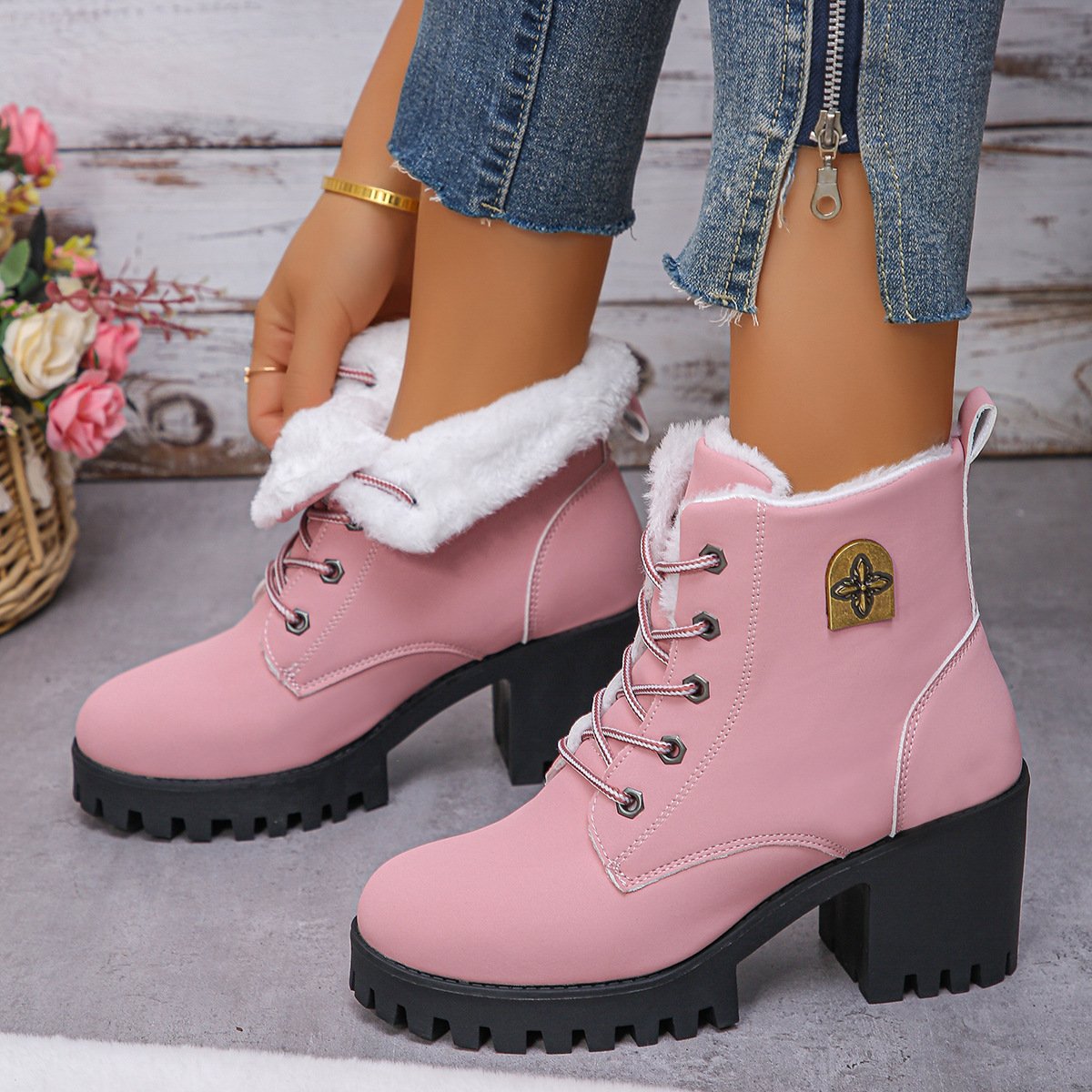 Warm velvet thick heel short boots front lace-up Martin boots for women