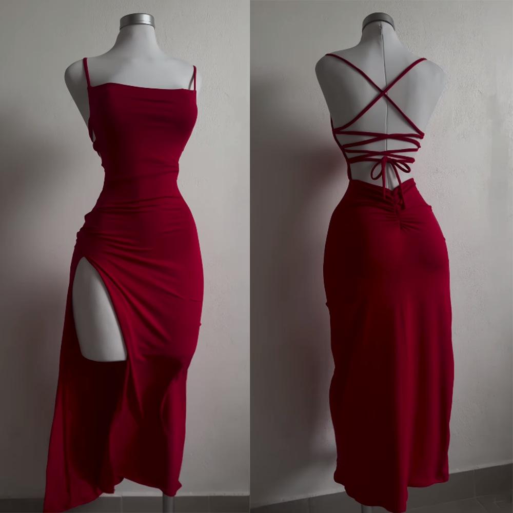 Sleeveless halter strap backless slit long dress