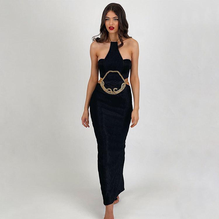 Halterneck strappy slit dress