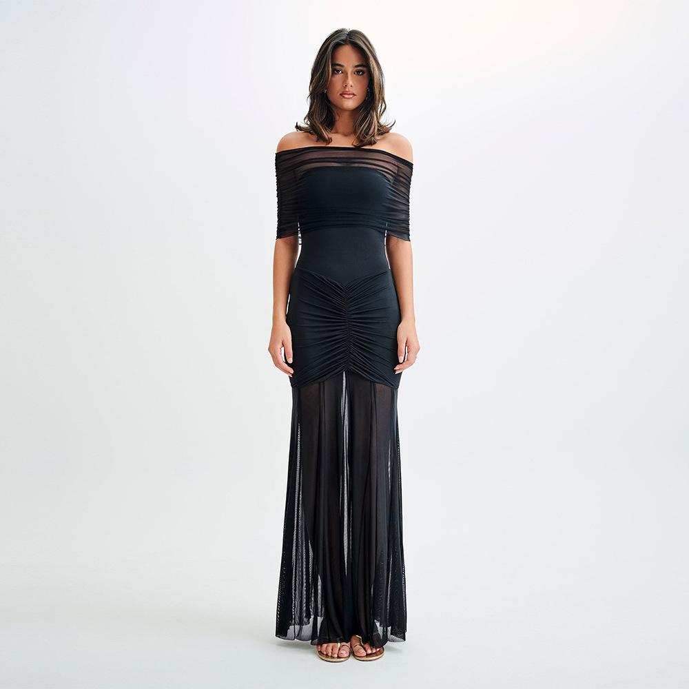 Slinky And Mesh Off Shoulder Maxi Dress
