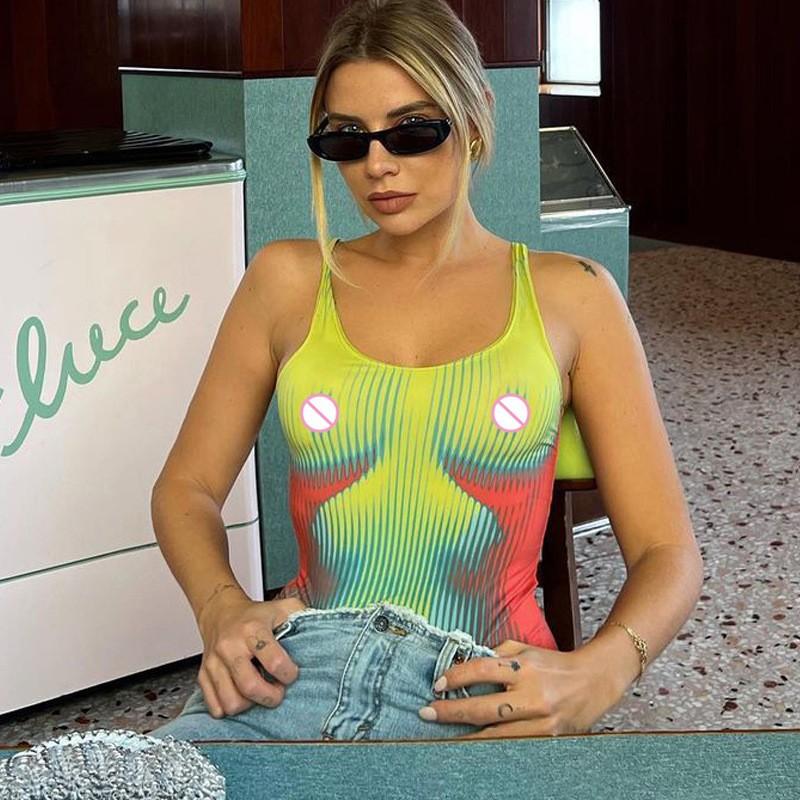 Fashion Printed Slim Fit U-Neck Navel Bare Vest