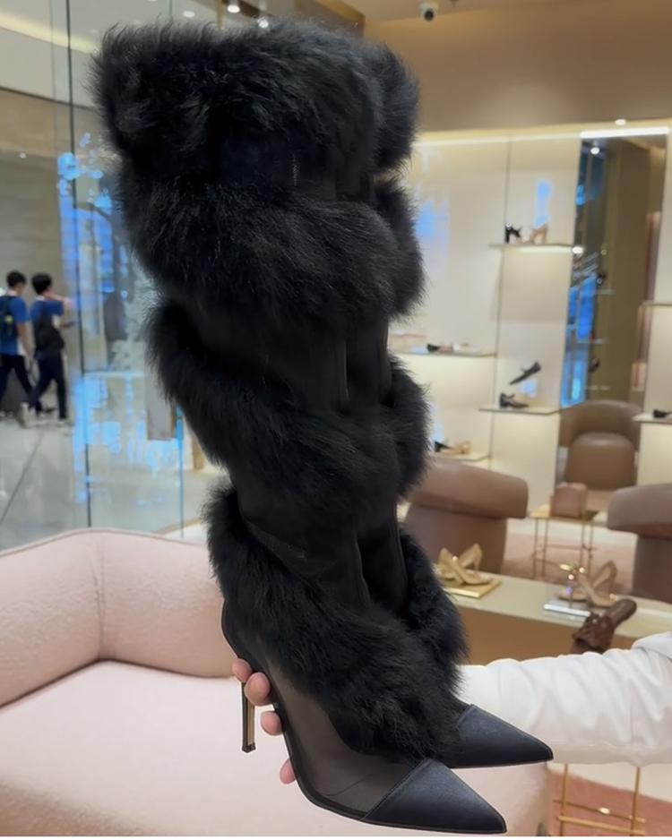 Pointed toe stiletto furry boots