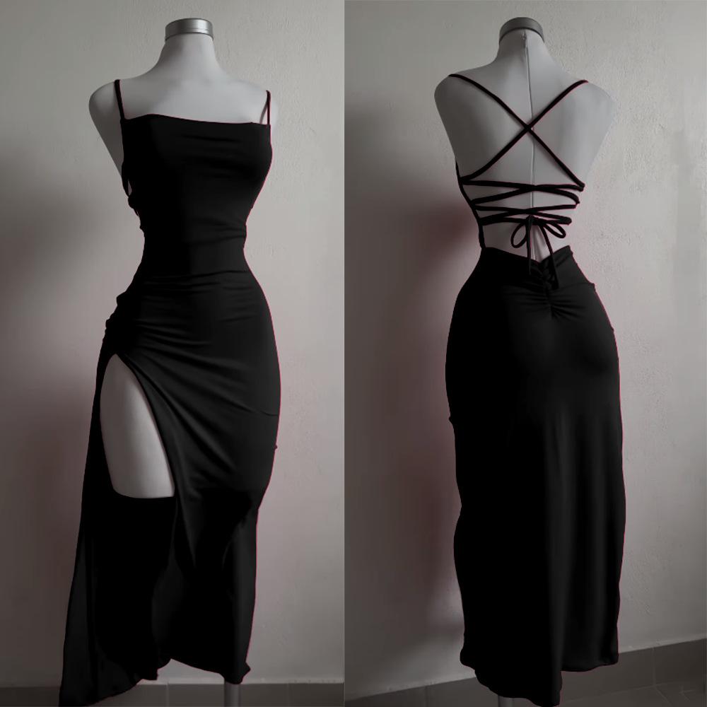 Sleeveless halter strap backless slit long dress