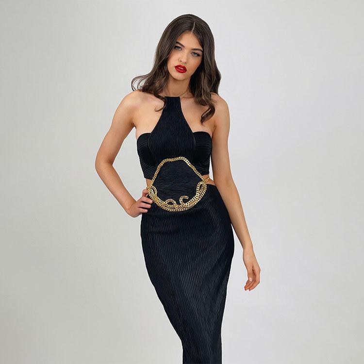 Halterneck strappy slit dress