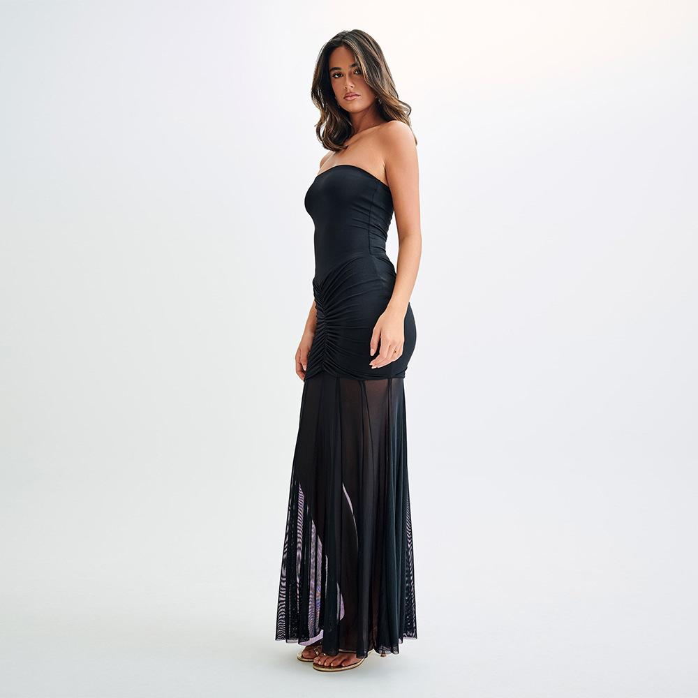 Slinky And Mesh Off Shoulder Maxi Dress