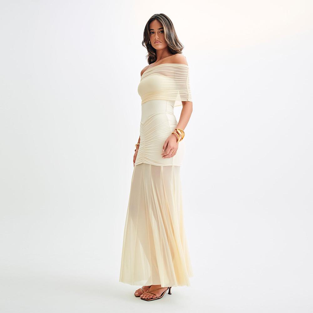 Slinky And Mesh Off Shoulder Maxi Dress