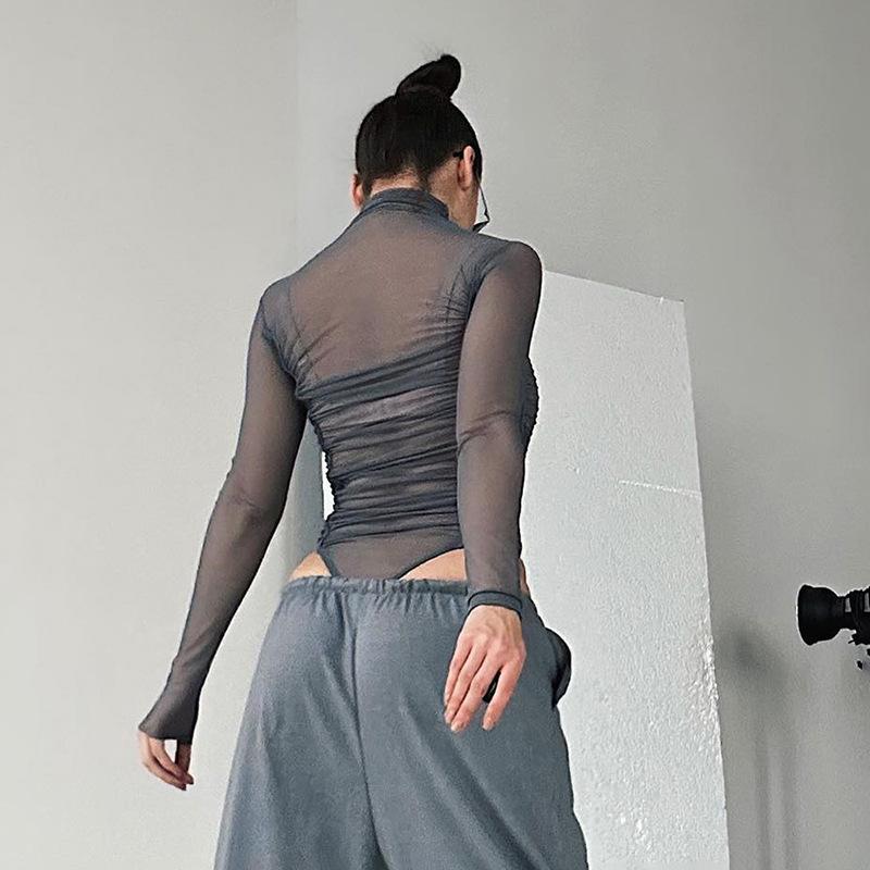Sheer mesh turtleneck long-sleeve gathered bodysuit