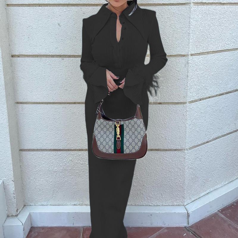Lapel feather long dress