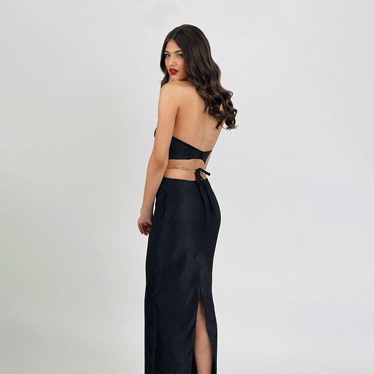 Halterneck strappy slit dress