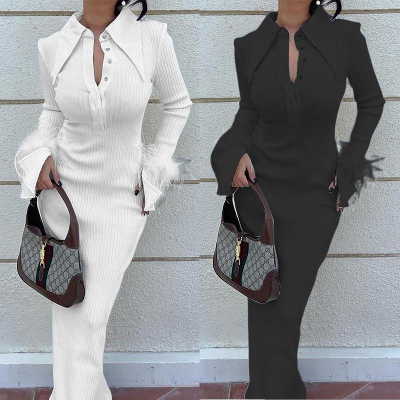 Lapel feather long dress
