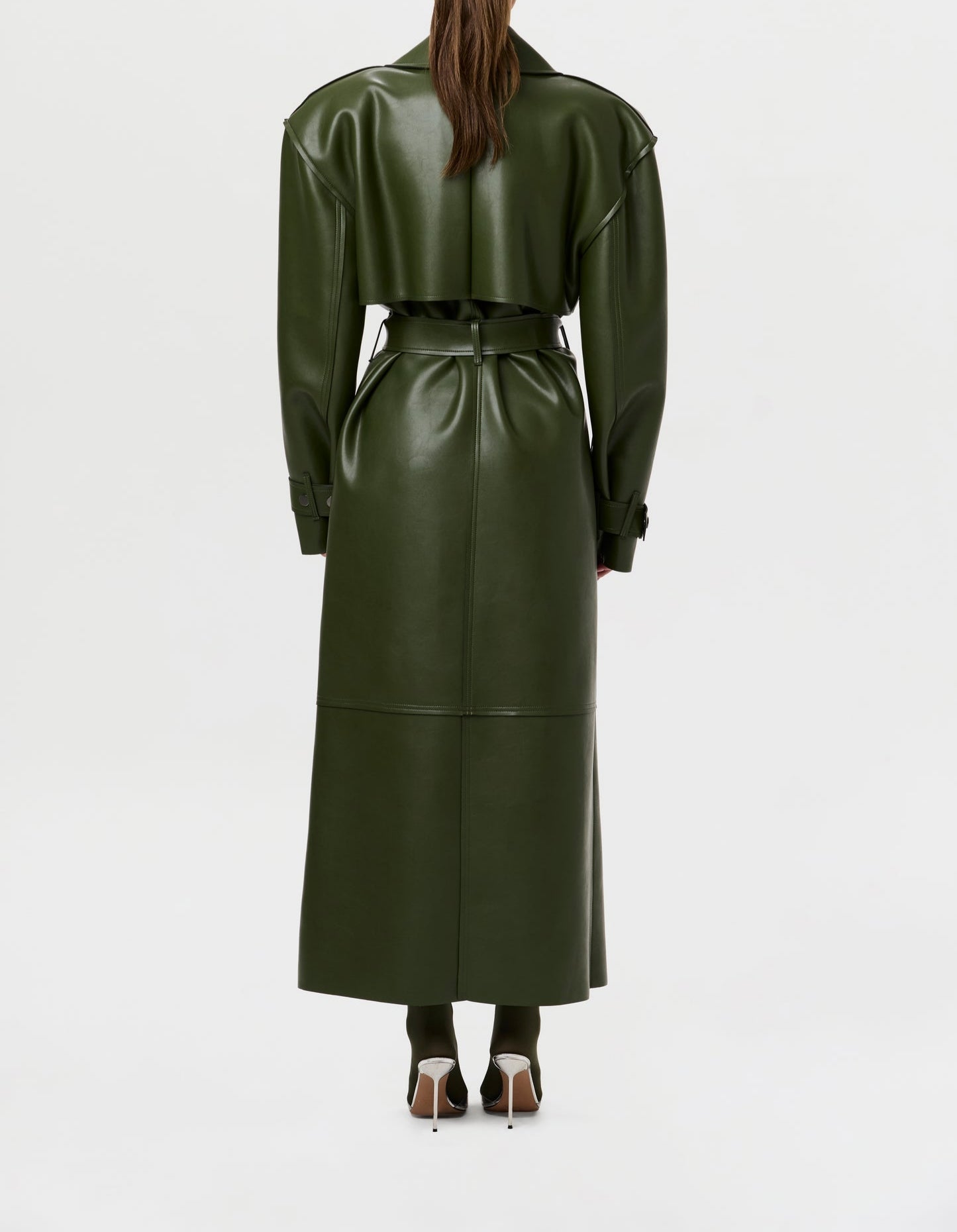 Solid leather long trench coat with padded shoulders