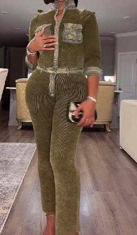 Denim patchwork pocket trousers suit