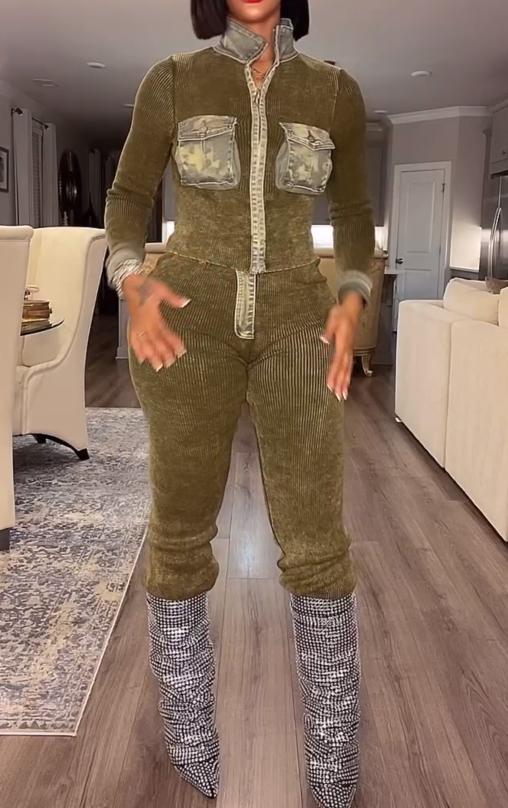 Denim patchwork pocket trousers suit