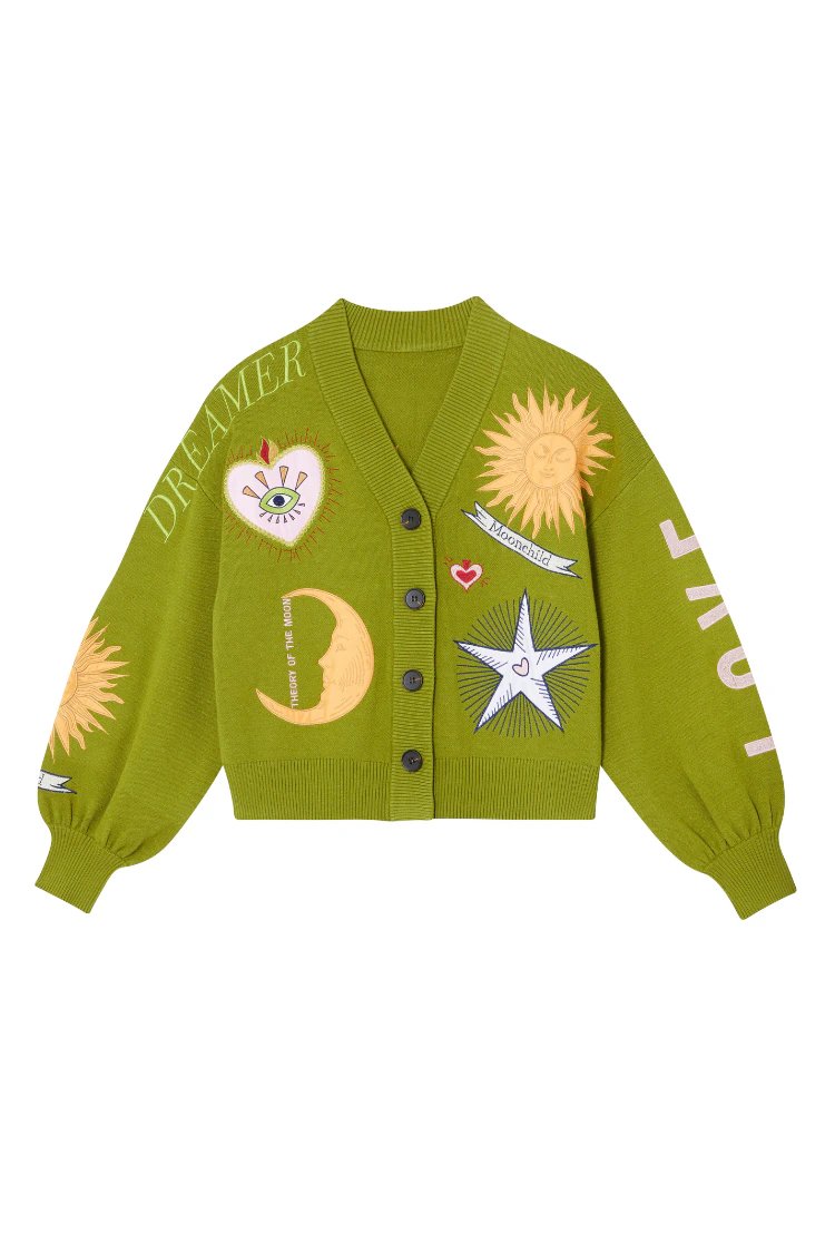 Green embroidered knitted cardigan