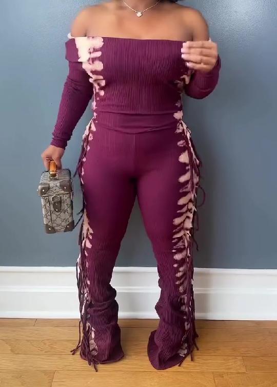 Tie-dye off-the-shoulder fringed jumpsuit
