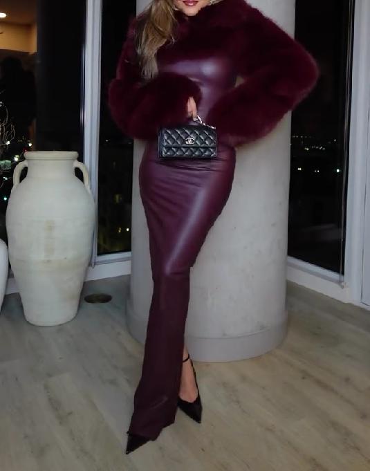 Burgundy leather skirt + shawl fur suit