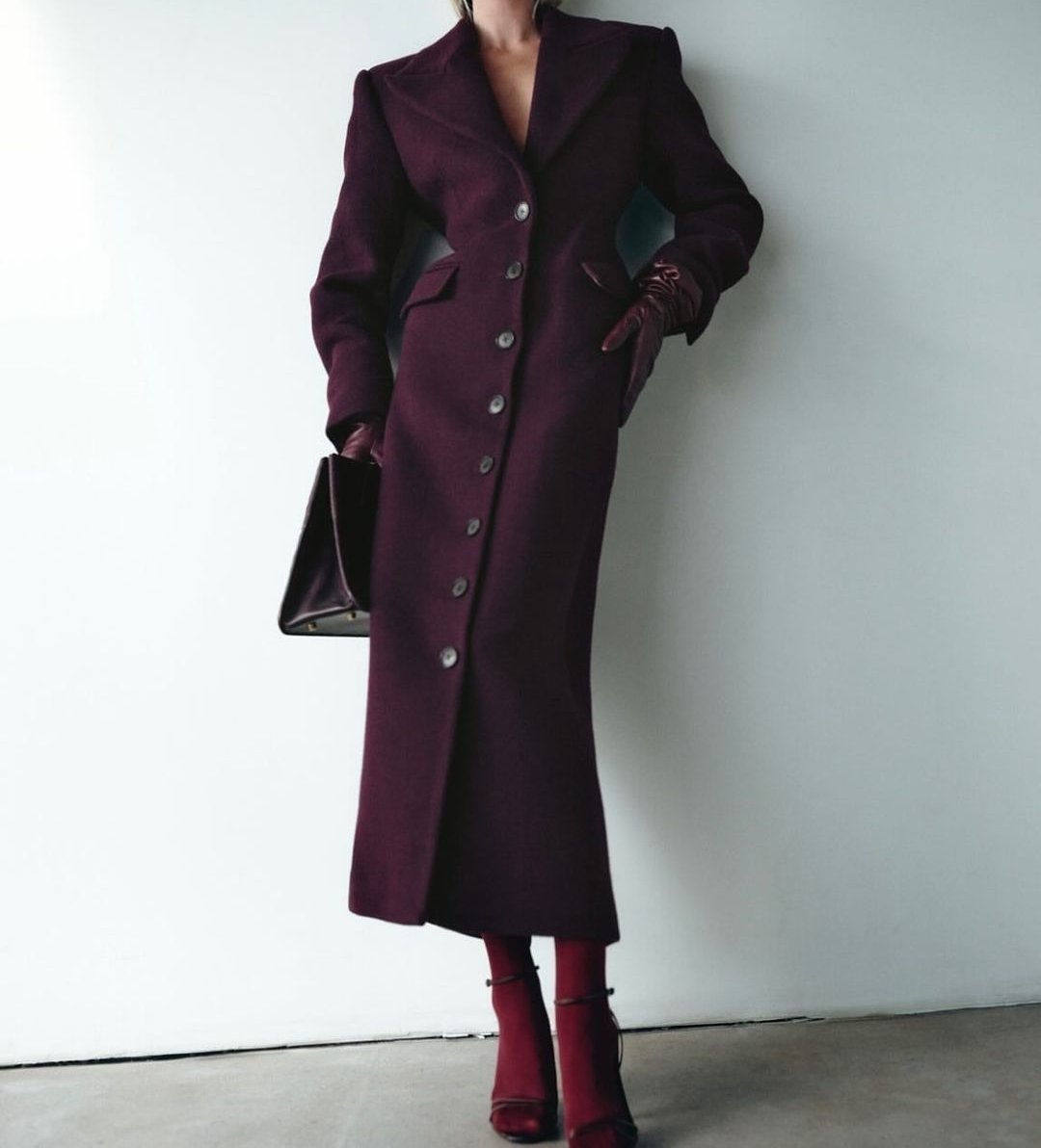 Gray wool double-breasted long coat