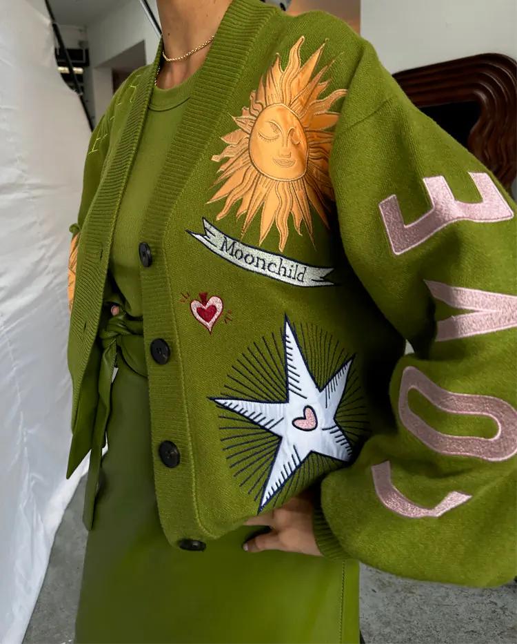 Green embroidered knitted cardigan